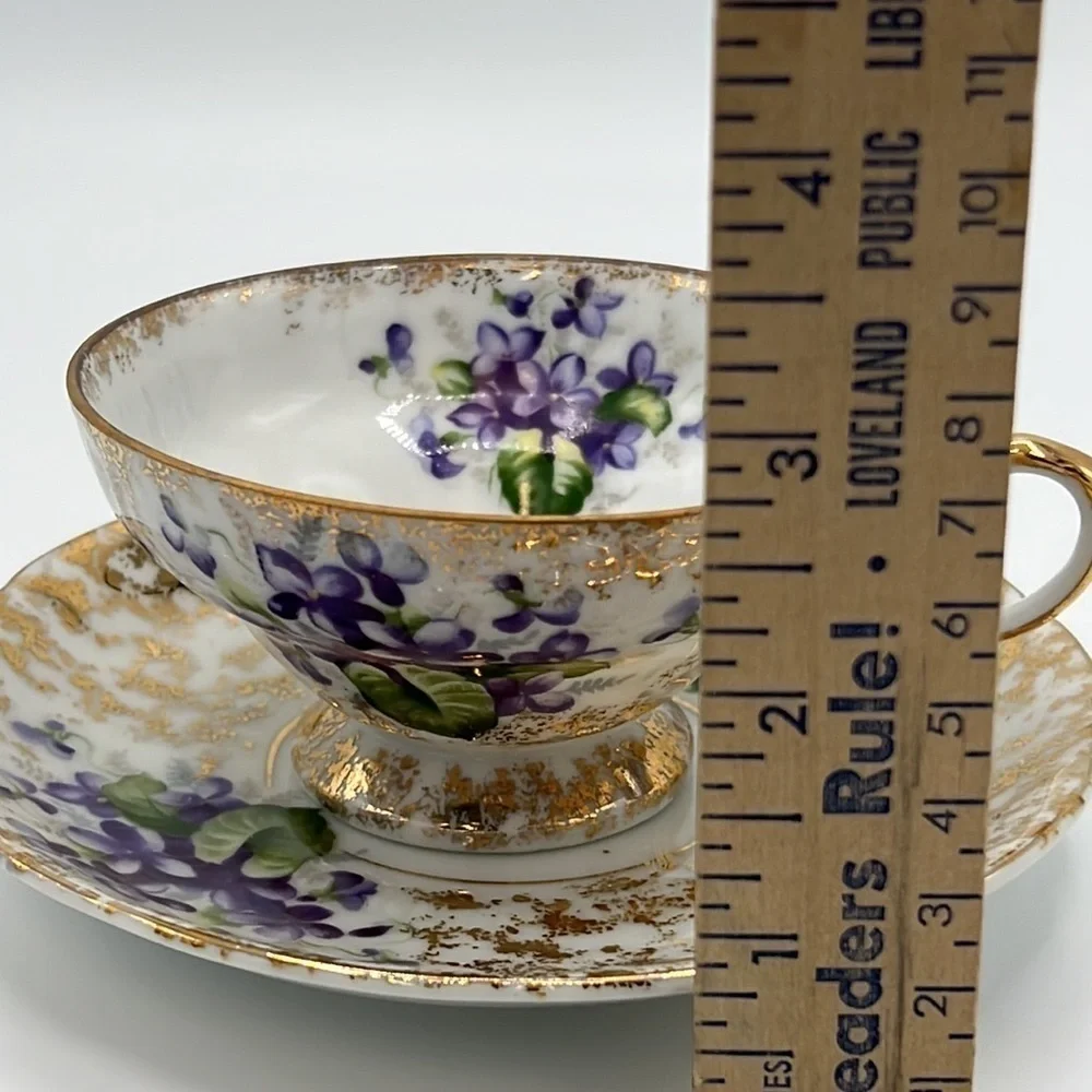 NAPCO CHINA ORIGINAL HAND PAINTED TEACUP SET PURPLE VIOLETS GOLD TRIM